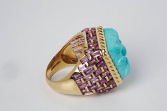 Basket-Weave 14 Karat Gold, Amethyst and Hand-Carved Turquoise Cocktail Ring