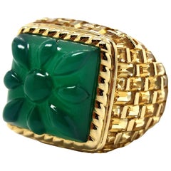 Basket-Weave Yellow Gold, Citrines and Hand-Carved Green Agate Cocktail Ring
