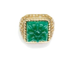 Basket-Weave Yellow Gold, Citrines and Hand-Carved Green Agate Cocktail Ring