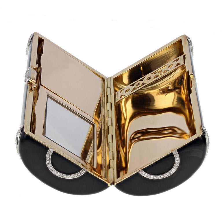 Cartier Paris Art Deco Black Enamel Diamond Lady's Vanity Case For Sale
