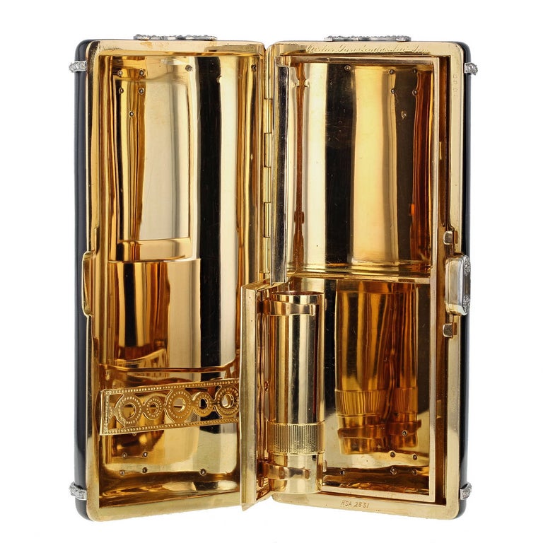 Cartier Paris Art Deco Black Enamel Diamond Lady's Vanity Case For Sale