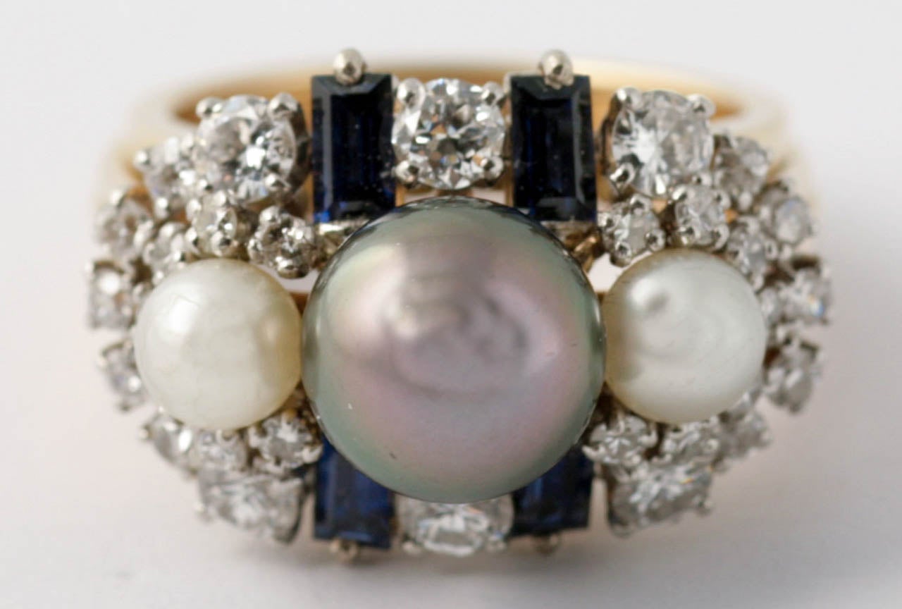 Dress Ring in 18ct Yellow Gold set with Diamonds, Sapphires and Cultured Pearls.