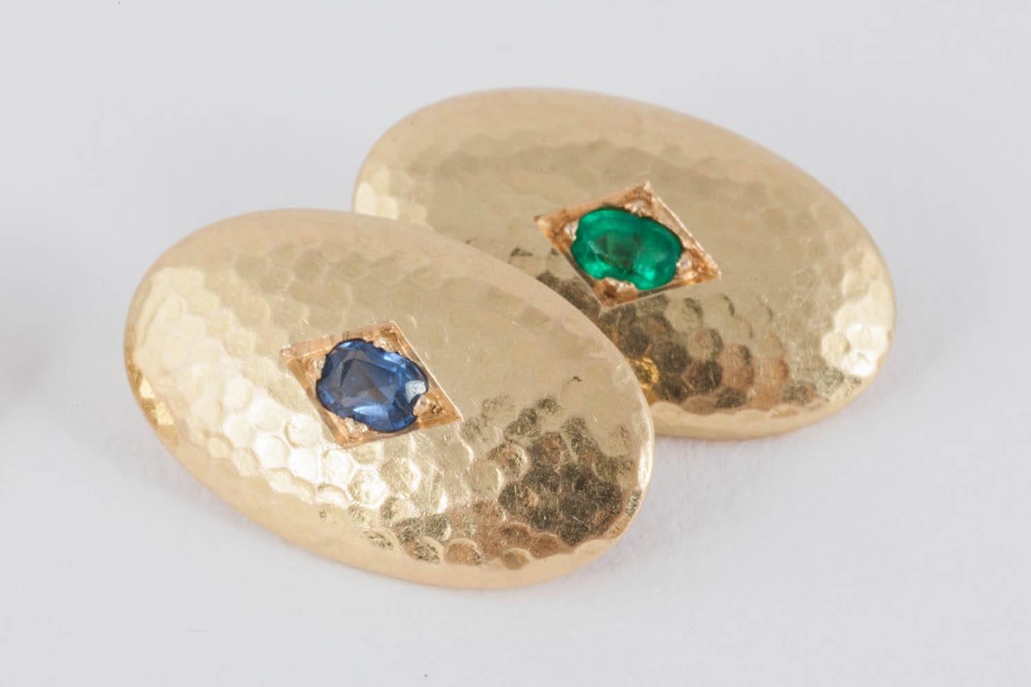 Late Victorian Emerald Sapphire Ruby 18 Karat Gold Cufflinks For Sale