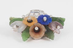 Basket Carved Agate White Diamond Platinum Flowers Brooch