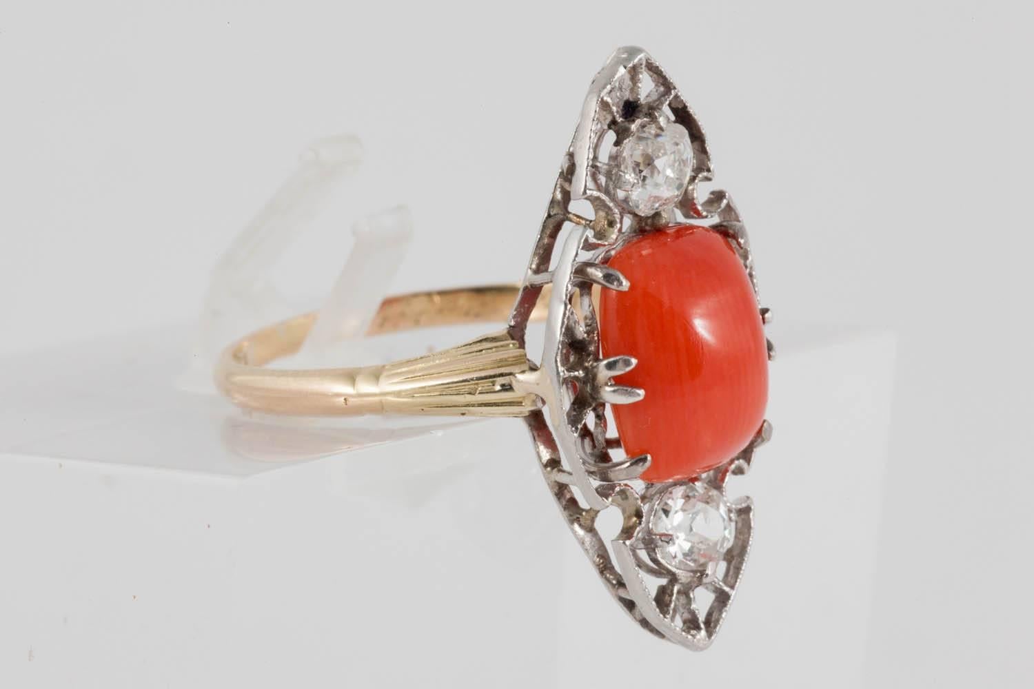 Art Deco Coral and Diamond ring set in 18ct Gold and Platinum with French control marks
Ring size P1/2