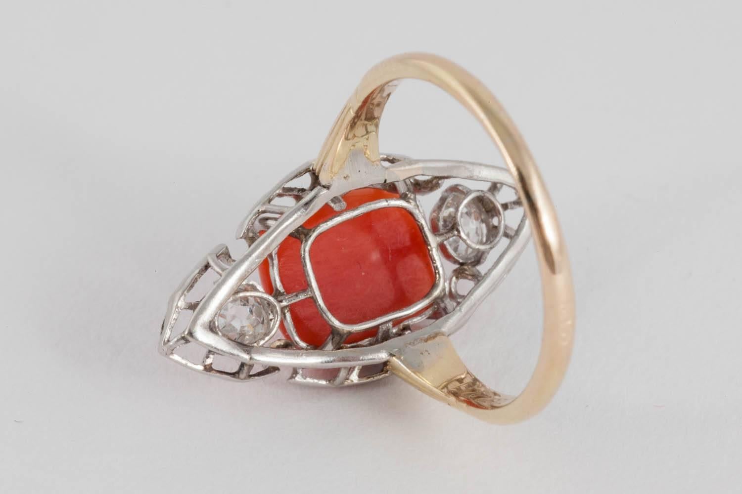Women's Art Deco Coral Platinum Diamond 18 Karat Gold Ring For Sale