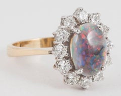 Black Opal White Diamond Cluster Engagement 18 Karat Gold Ring