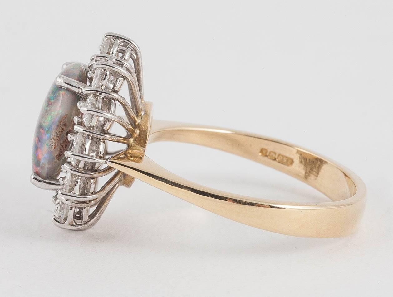 Modern Black Opal White Diamond Cluster Engagement 18 Karat Gold Ring For Sale