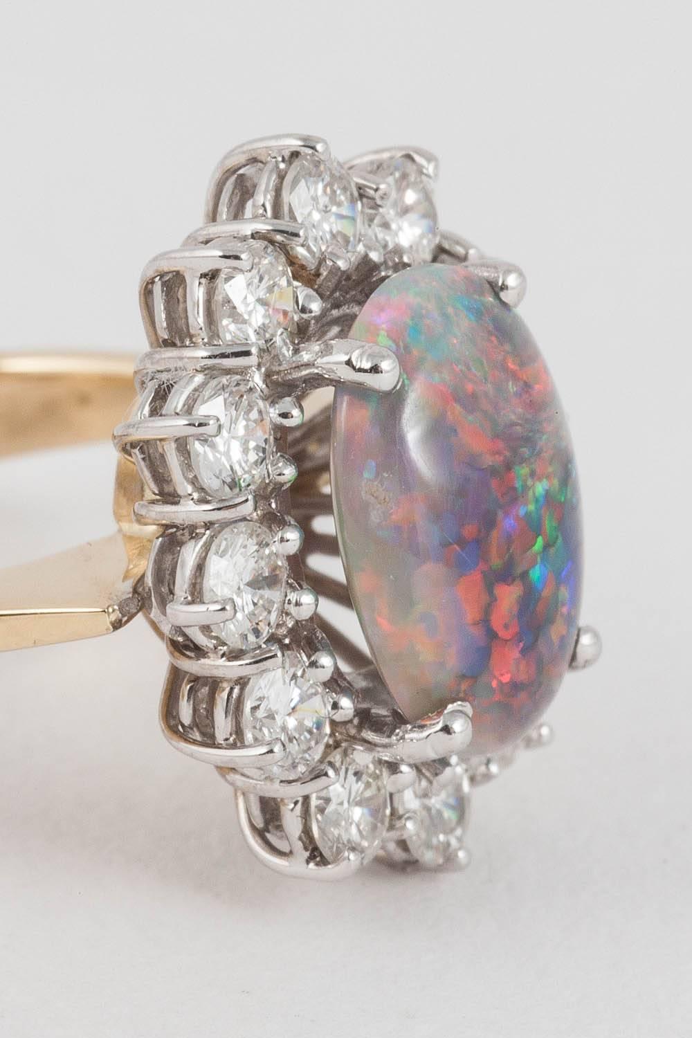 Women's or Men's Black Opal White Diamond Cluster Engagement 18 Karat Gold Ring For Sale