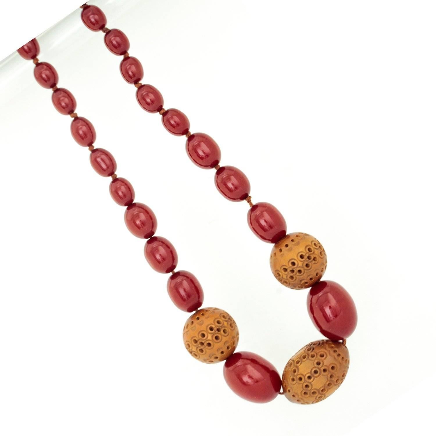 Women's or Men's Antique Amber Colored Bakelite and Wood - like Beaded Choker Necklace For Sale