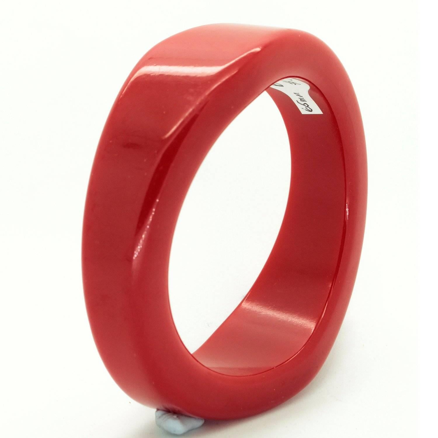 Arts and Crafts Vintage High Gloss, Asymmetrical Chunky Cherry Red Bakelite Bangle For Sale