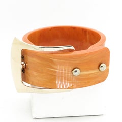 Vintage Marbled Butterscotch Bakelite Bangle with Chrome Buckle, Bakelite Bangle
