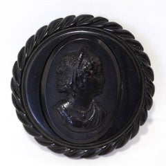 Art Deco Intaglio Cameo Brooch in Jet Black Bakelite, Substantial Brooch