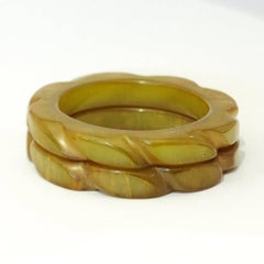 Olive Green Lemon Butterscotch Art Deco Hand Carved Bakelite Bangle Bracelets