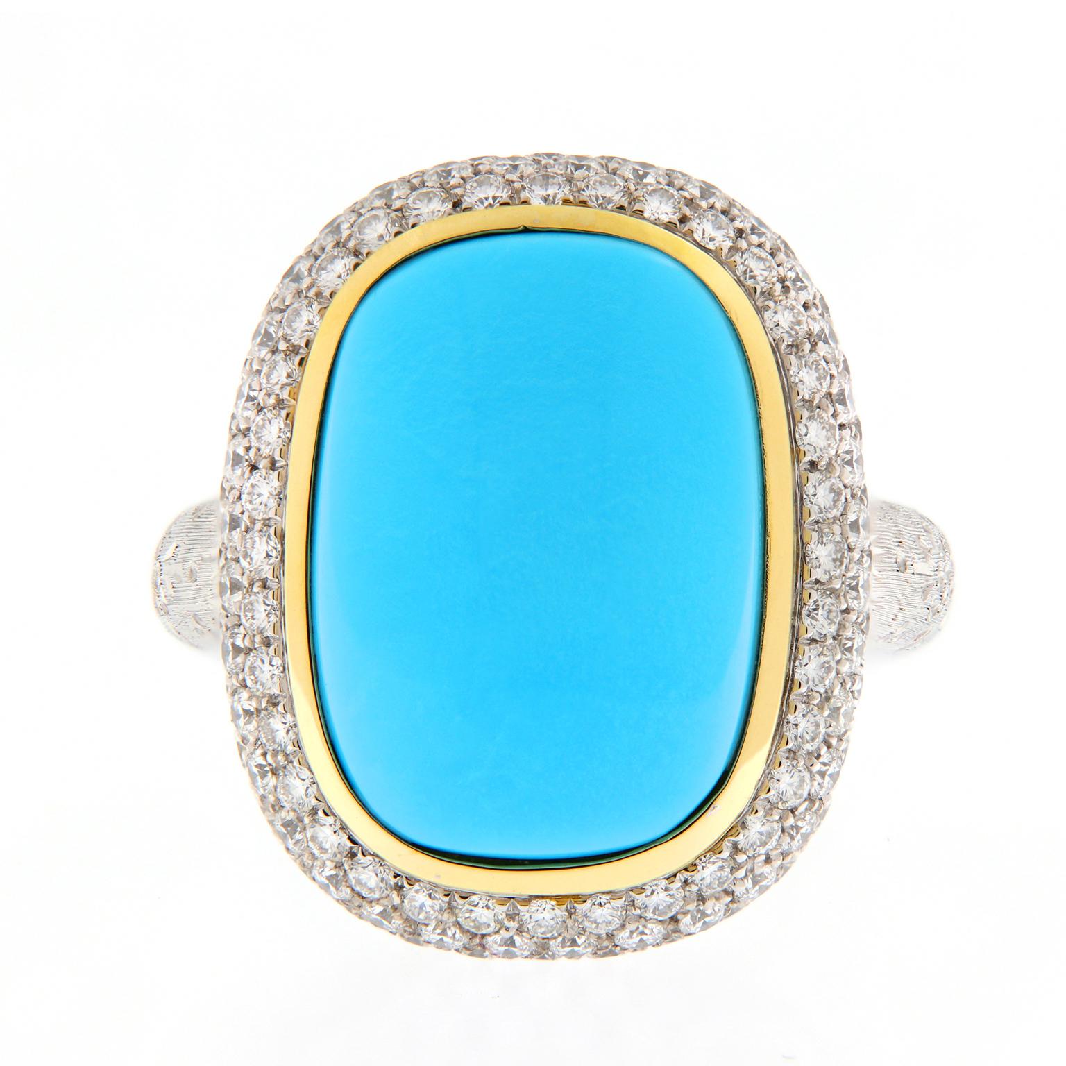 Outstanding display of color and Italian craftsmanship from Teri of Valenza, Italy. Persian turquoise is considered the most valuable variety, its robin’s egg blue is arguably the most beautiful turquoise. This ring centers around a cabochon