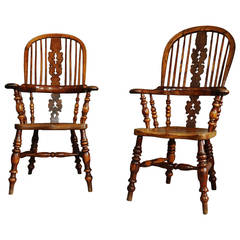 Pair of Broad-Arm Burr Yew Wood, High Back Windsor Chairs 10