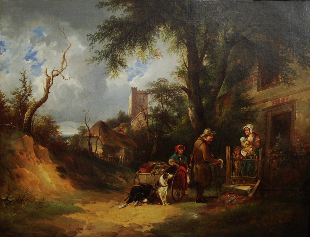 A very fine 19th century oil on canvas of 'The Rabbit Seller' by William Shayer the Elder (1787-1879), signed Wm Shayer bottom left.

This painting depicts the rabbit seller trying to sell his rabbits to a woman outside her house with her