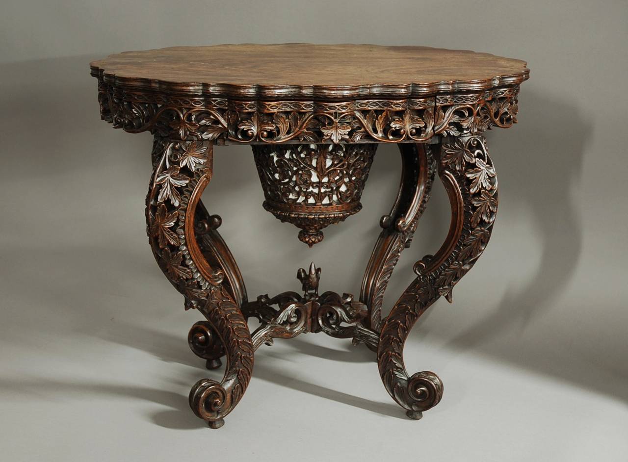 Superb Quality Anglo-Indian Padouk Carved Work Table In Excellent Condition In Suffolk, GB