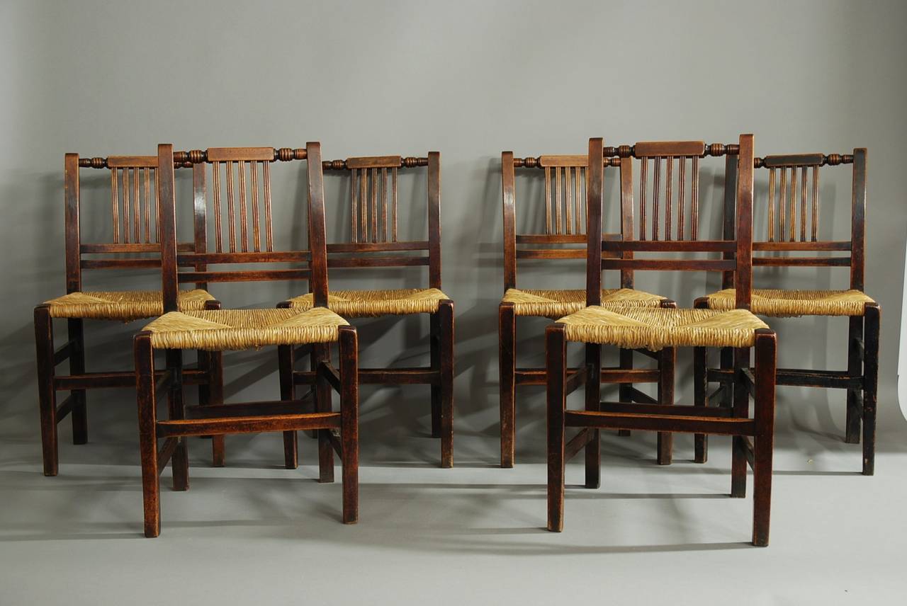 19th Century Set of Six Birch and Rush Chairs