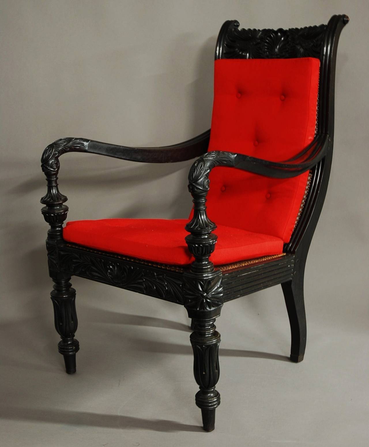 Sri Lankan Carved Solid Ebony Easy Chair from the Galle District