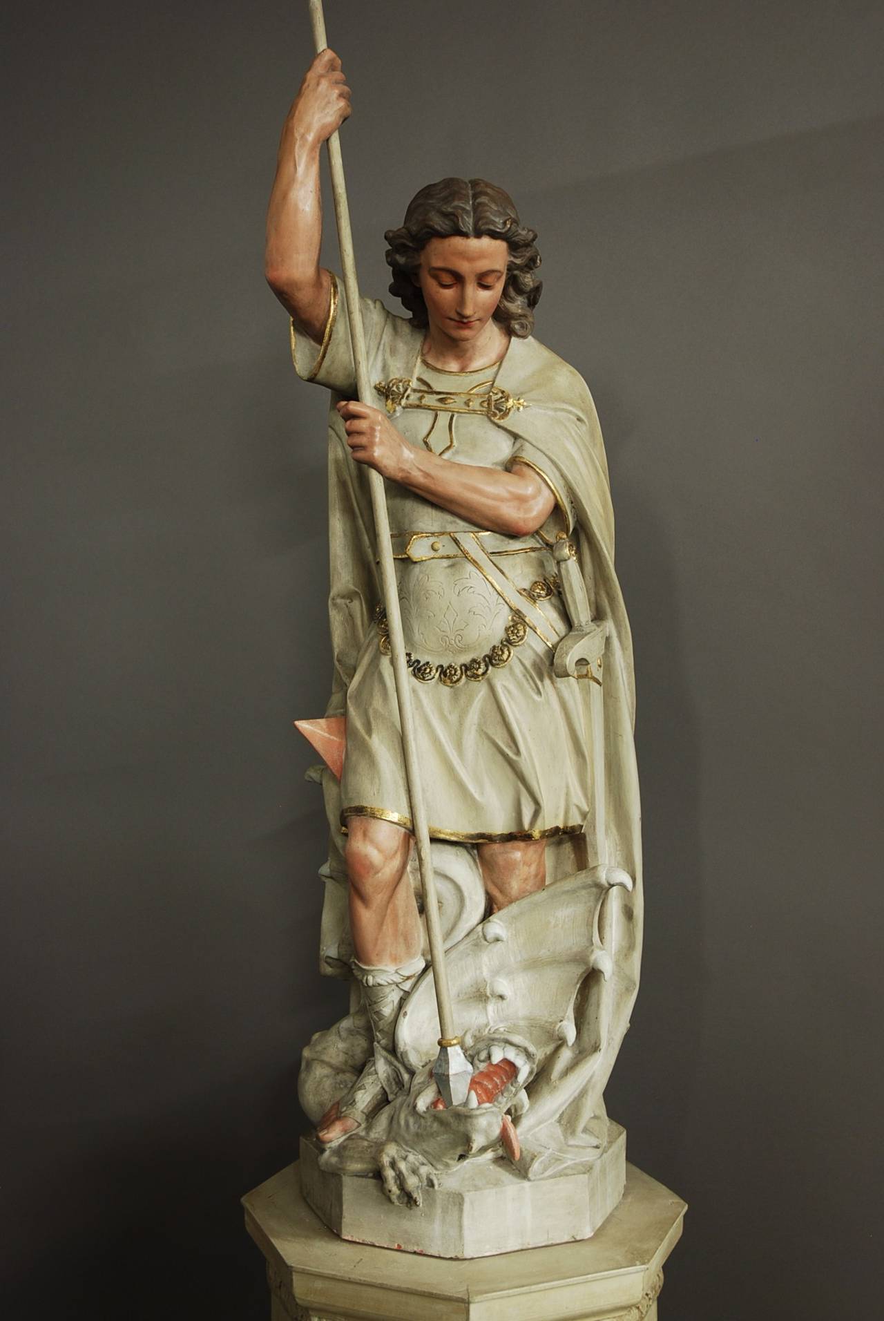 Large Painted Terracotta Figure of St. Michael and the Dragon