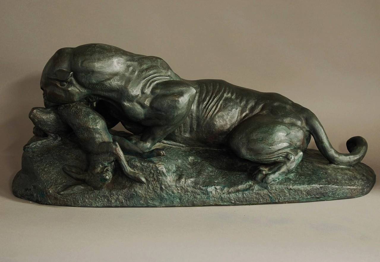 Large Plaster Cast 'Jaguar Devouring a Hare' after Barye In Good Condition In Suffolk, GB