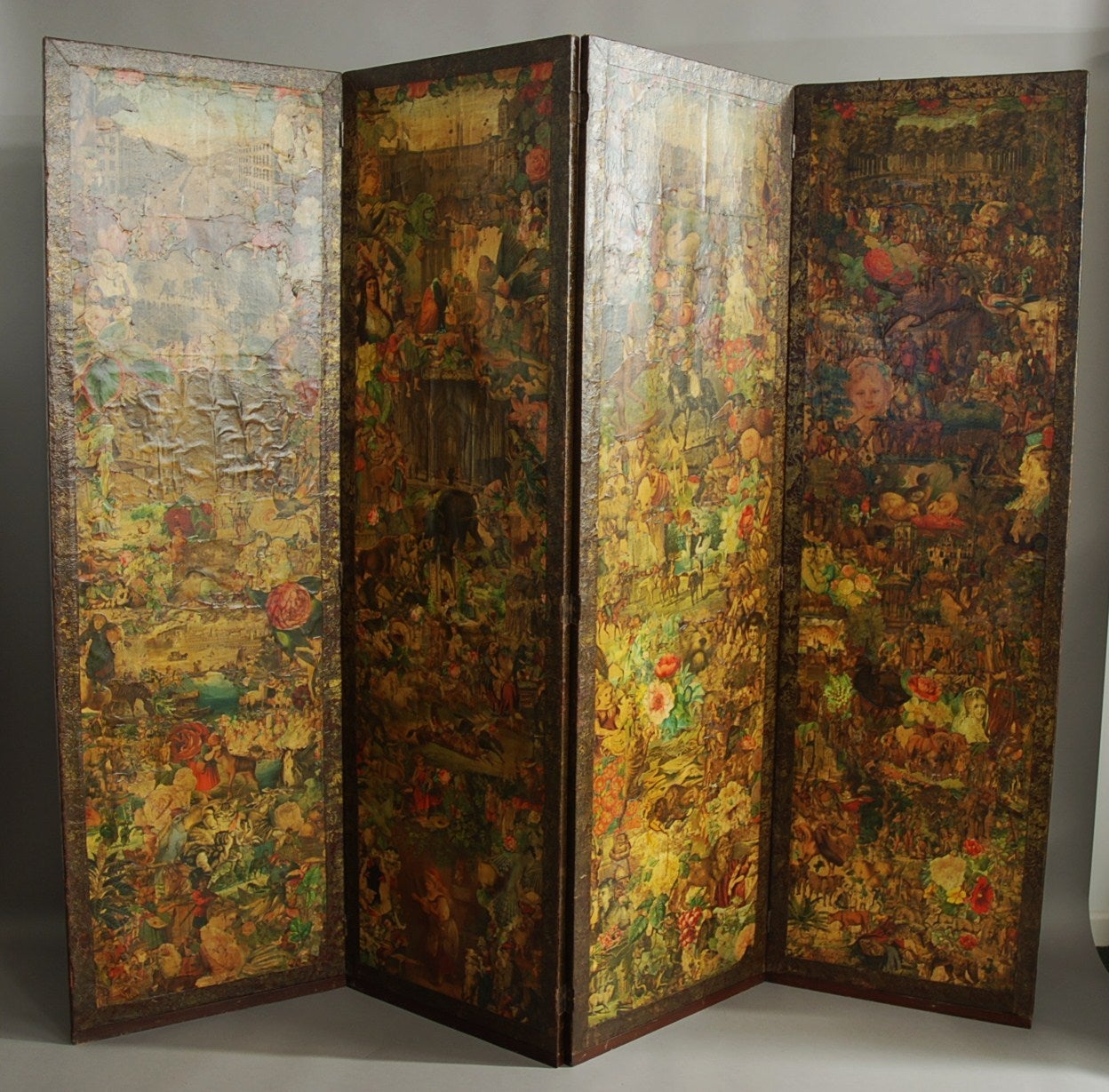 A late 19th century four-panel folding decoupage screen.

This screen consists of four stained wooden panels, each decorated both front and back with decoupage embellishment which was popular at this period. 

The word decoupage is a French word
