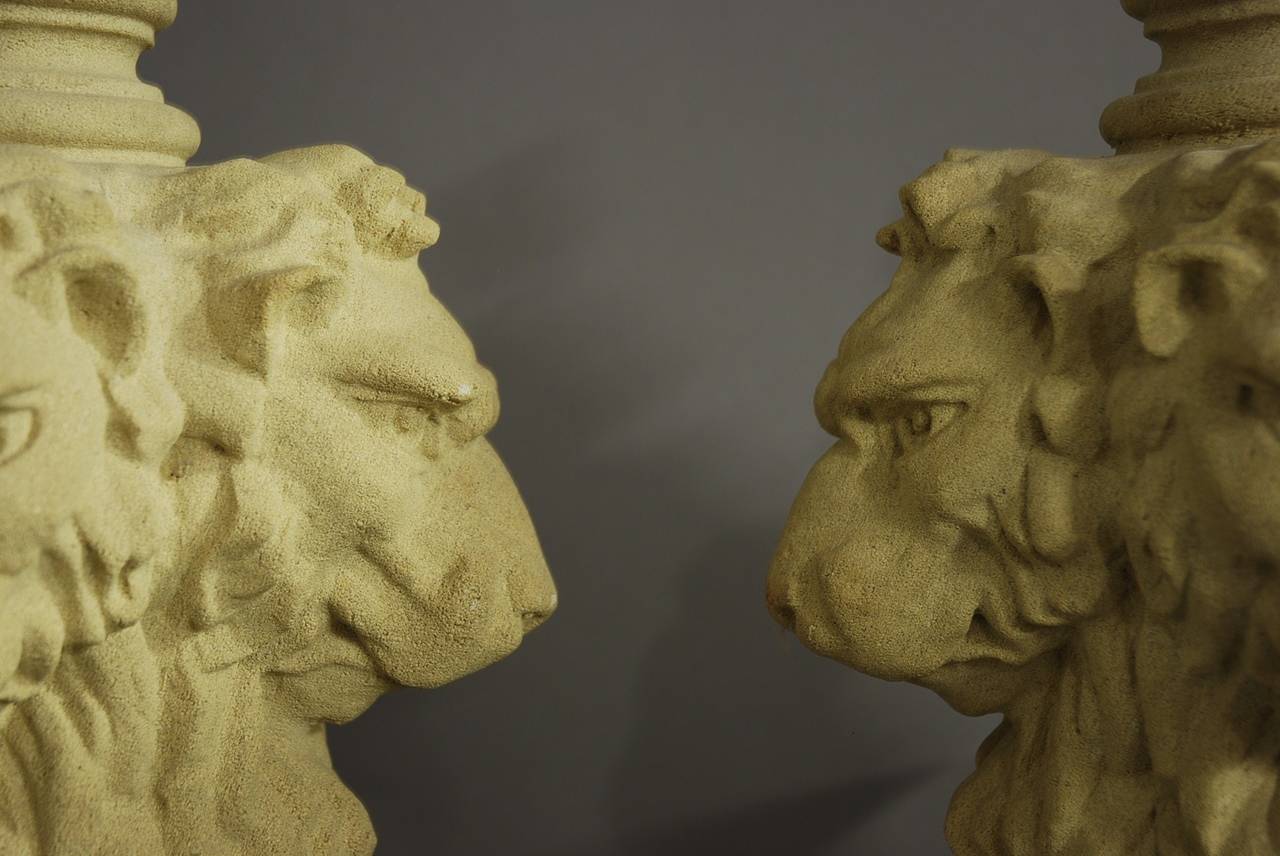Cast Stone Pair of Large Lions Head Table Lamps