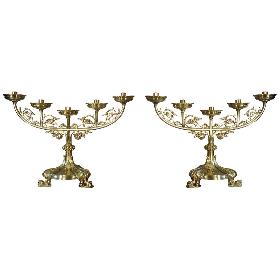 Pair of Gothic Style Brass Candlesticks For Sale