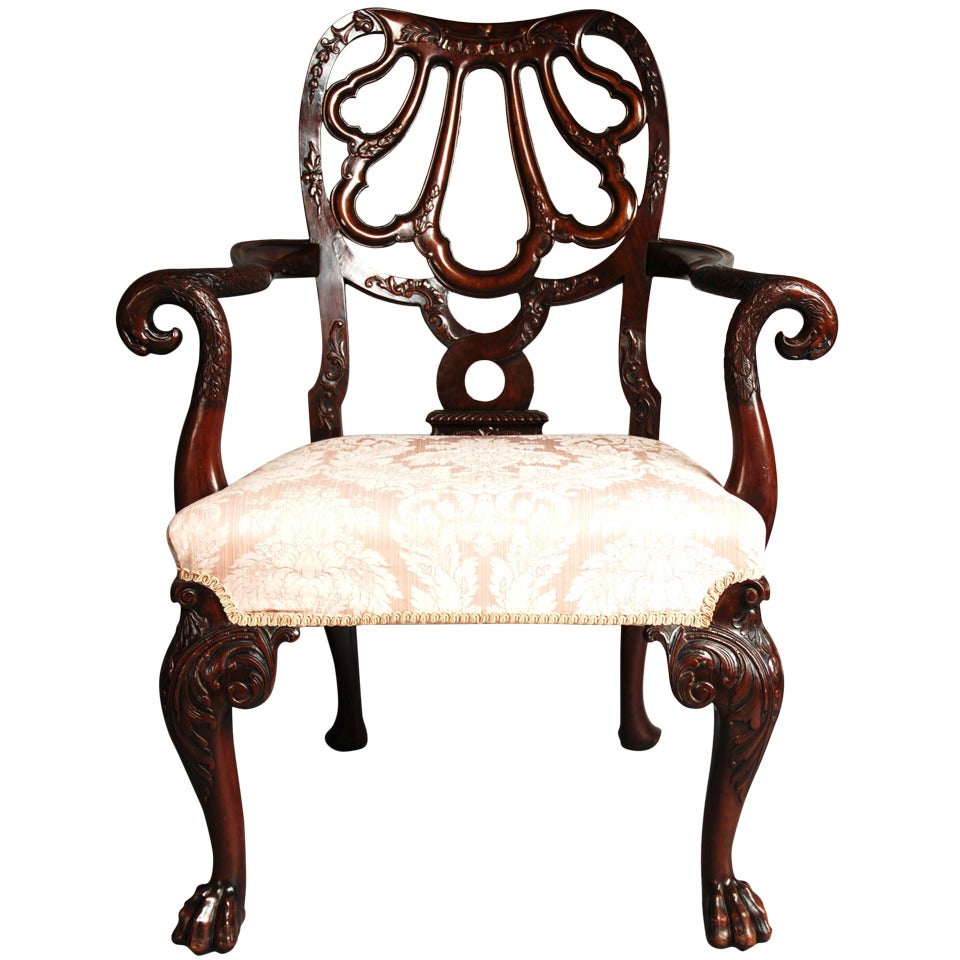 Superb quality late 19th/early 20th century mahogany open armchair For Sale