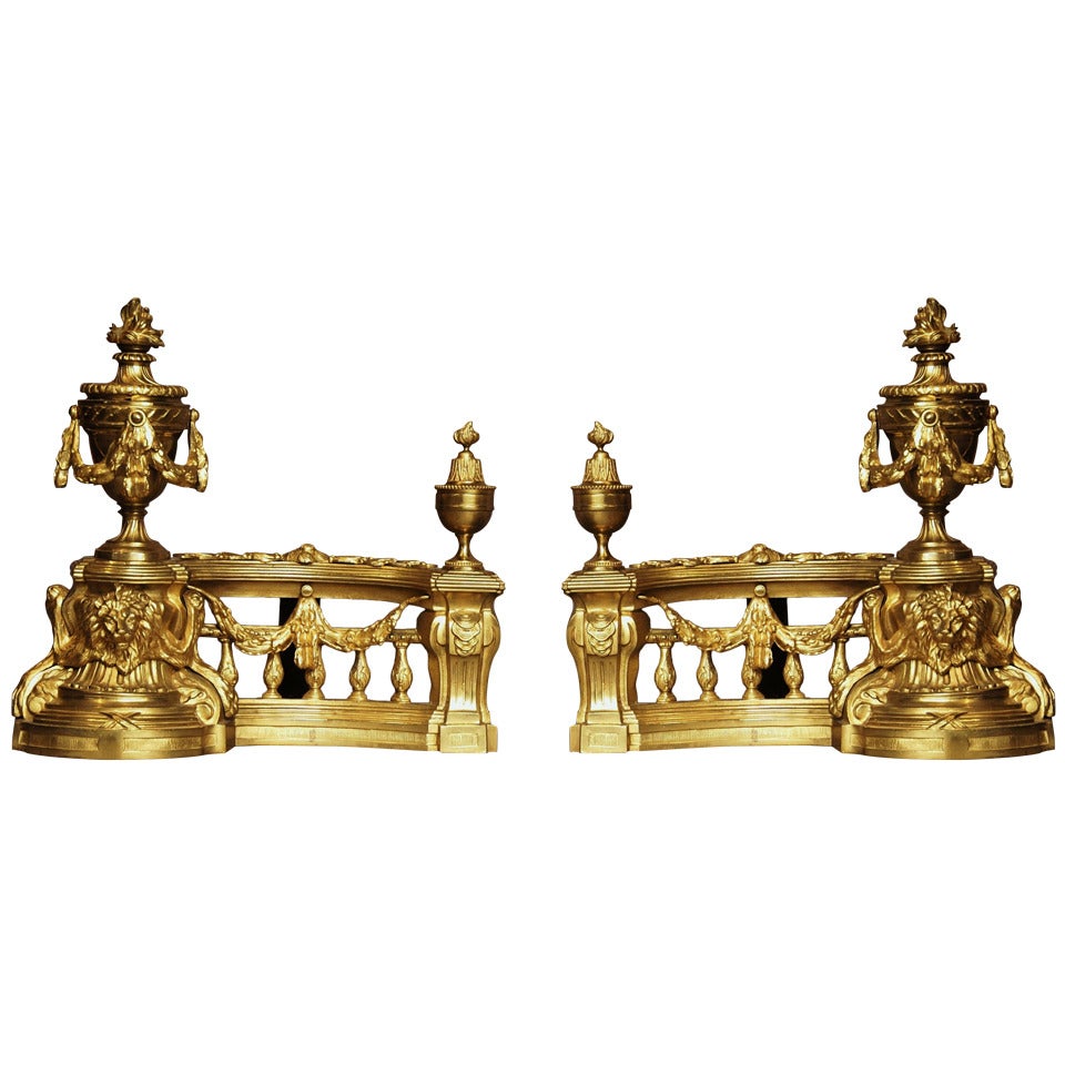 Late 19th Century French Louis XVI Style Pair of Ormolu Chenets/Fire Dogs