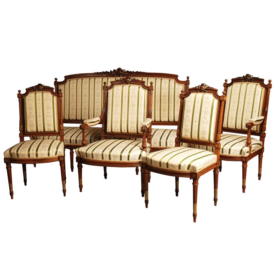 Late 19th Century French Five-Piece Walnut Salon Suite in the Louis XVI Style