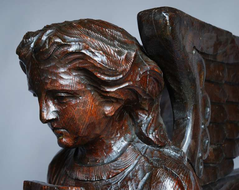 18th Century and Earlier 17th Century Roof Angel Pinewood Carving