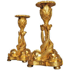 Early 19th Century Fine Pair of Ormolu Candlesticks with Entwined Dolphins