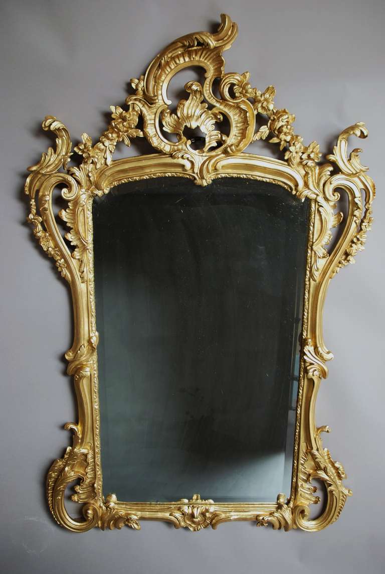 A large 19th century French mirror in the Rococo manner.

This highly decorative mirror consists of typical Rococo designs with shell influences consisting of various flower and scrolling decoration.

The frame consists of gilt wood and gesso