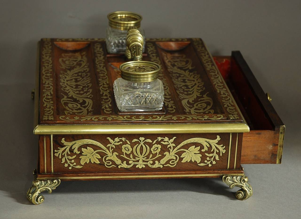 English Regency Rosewood and Inlaid Brass Desk Stand/Inkstand For Sale
