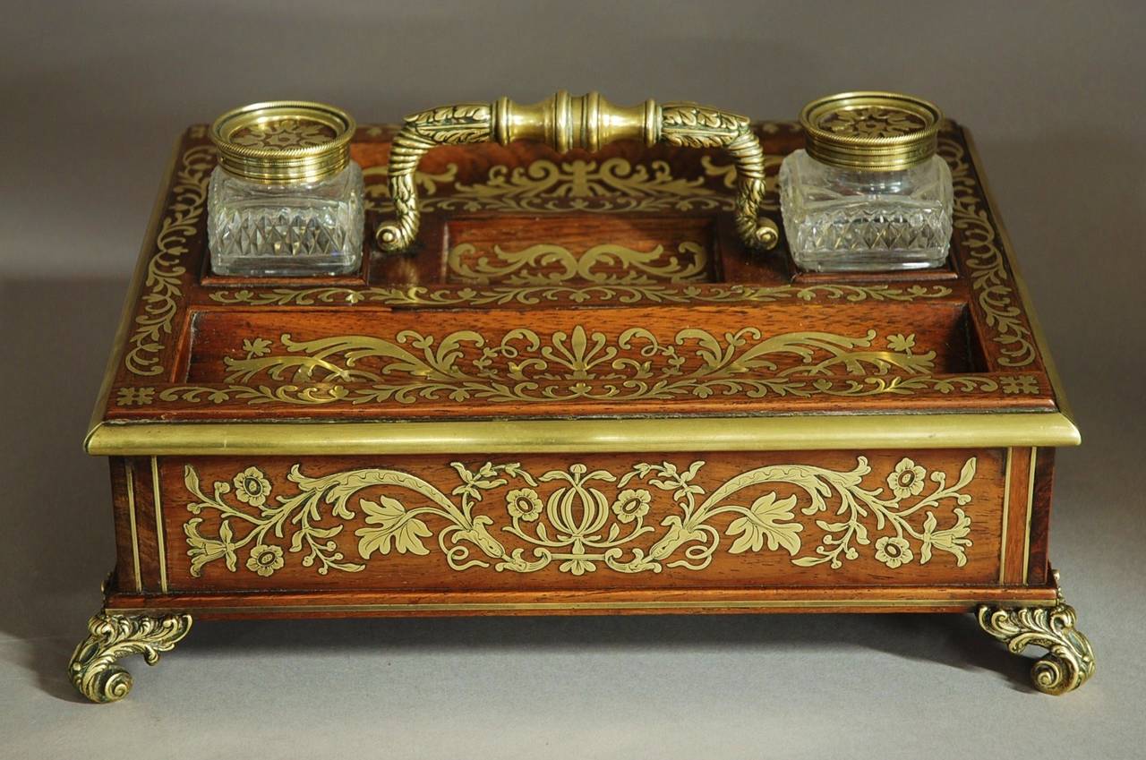 Regency Rosewood and Inlaid Brass Desk Stand/Inkstand In Good Condition For Sale In Suffolk, GB