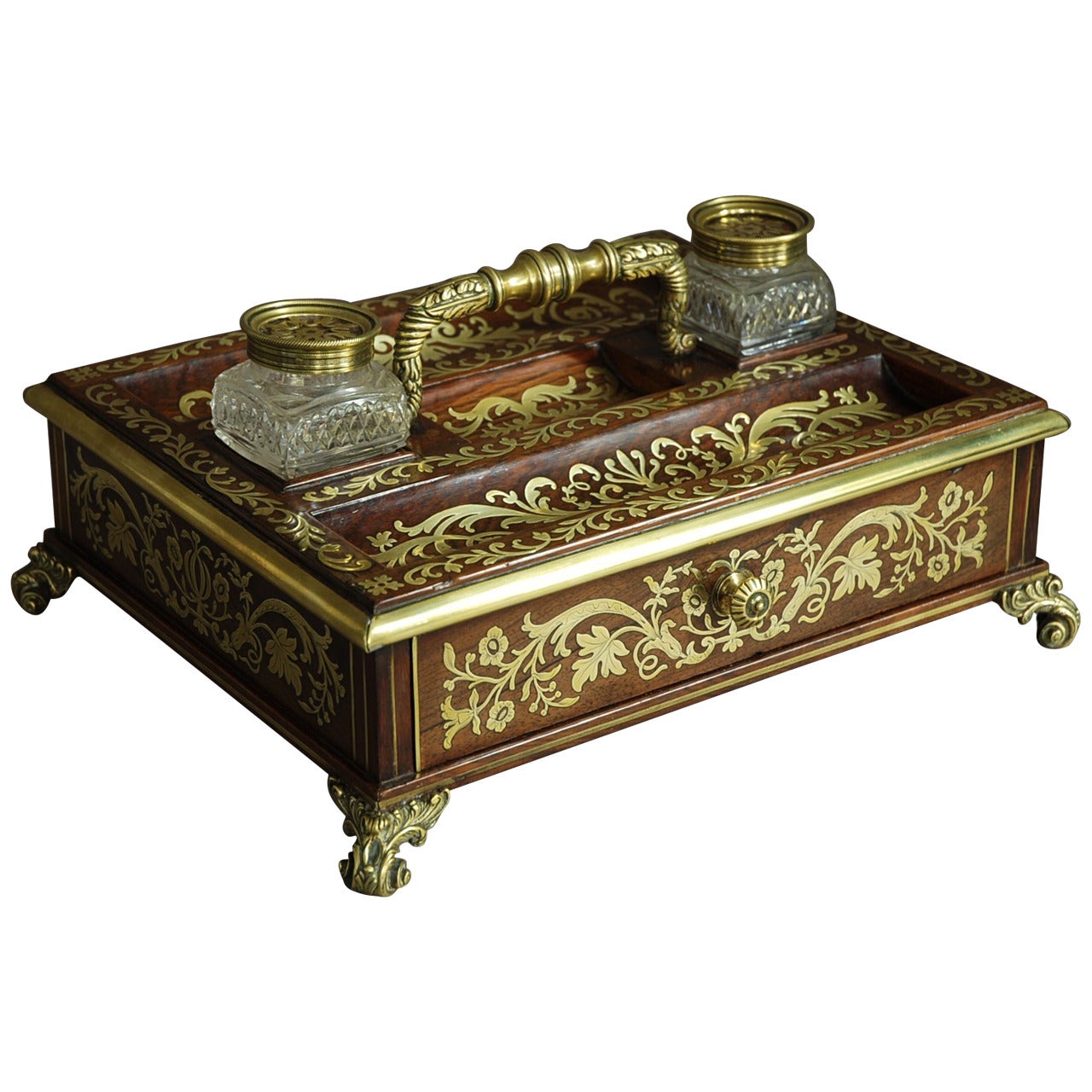 Regency Rosewood and Inlaid Brass Desk Stand/Inkstand For Sale
