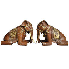 Pair of Chinese Kneeling Bronze and Gilt Elephants