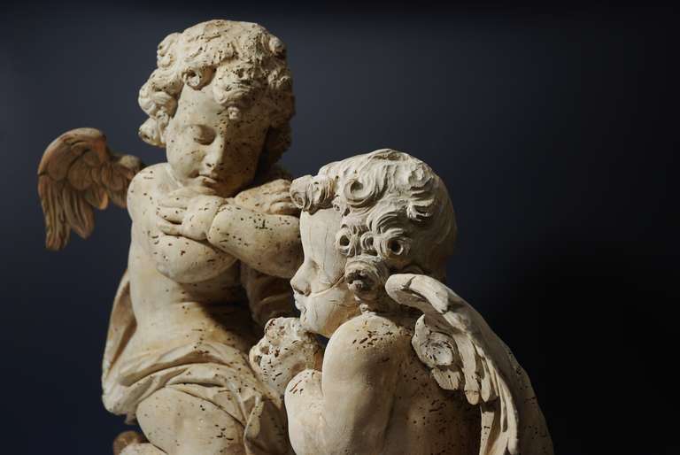 Carved Pair of Mid-17th Century Lime Wood, Winged Cherubs