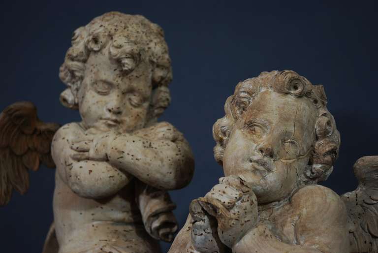 18th Century and Earlier Pair of Mid-17th Century Lime Wood, Winged Cherubs