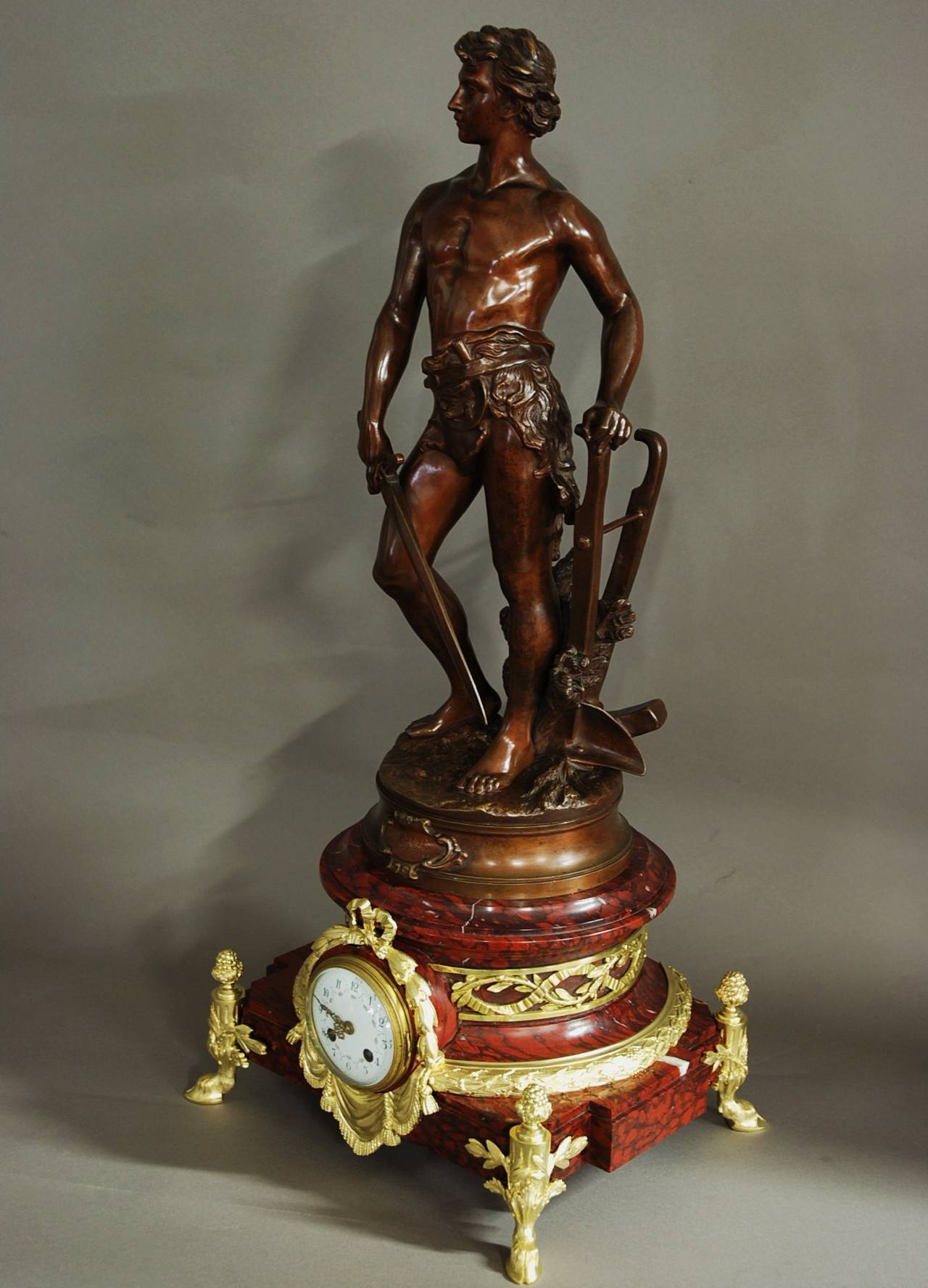 French 19th Century Bronze, Marble and Ormolu Sculptural Table Clock
