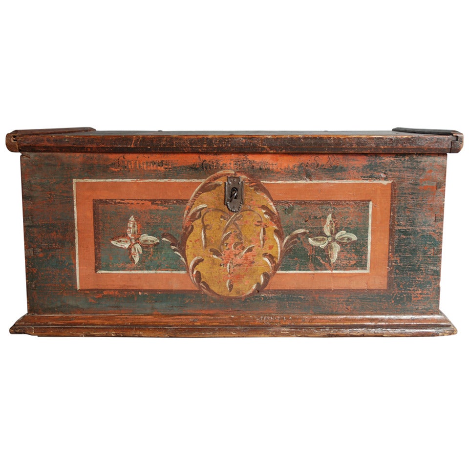 Late 19th Century Folk Art Painted Pine Chest or Trunk