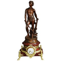 Antique French 19th Century Bronze, Marble and Ormolu Sculptural Table Clock