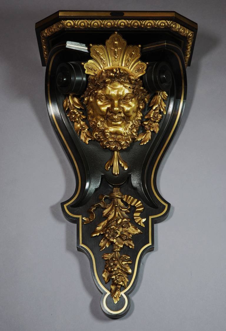 A highly decorative 19th century ormolu and ebonized wall bracket of exceptionally fine quality, attributed to Henri Dasson (1825-1896). This bracket is believed to be one from a set of four. The piece is made from oak and has been veneered with