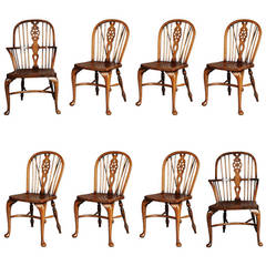Set of Eight Ash and Beech Wheelback Windsor Chairs