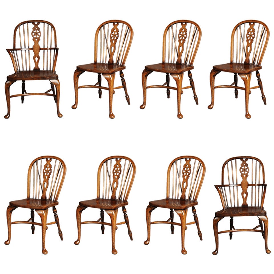 Set of Eight Ash and Beech Wheelback Windsor Chairs