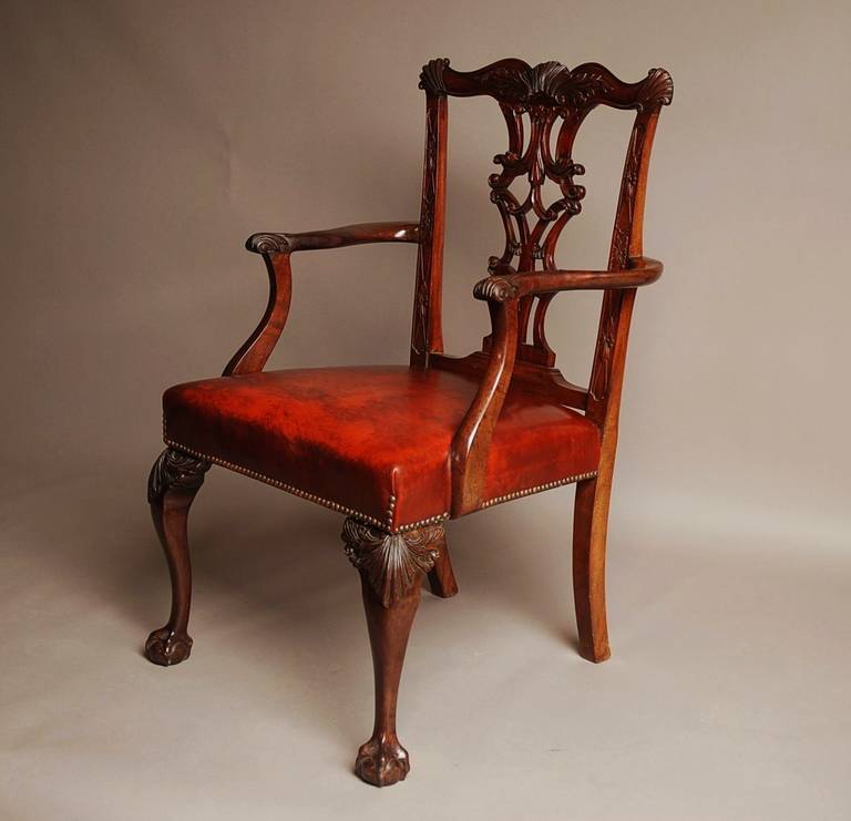 20th Century Chippendale Style Mahogany Open Armchair