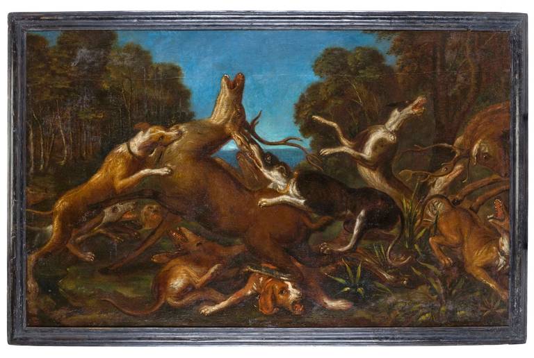 A large pair of mid-17th century oil paintings 'The Stag Hunt' by the Circle of Frans Snyders (1579-1657). 

The paintings are in their original ebonized pine frames which is rare for works of this size and age.

The canvases underwent