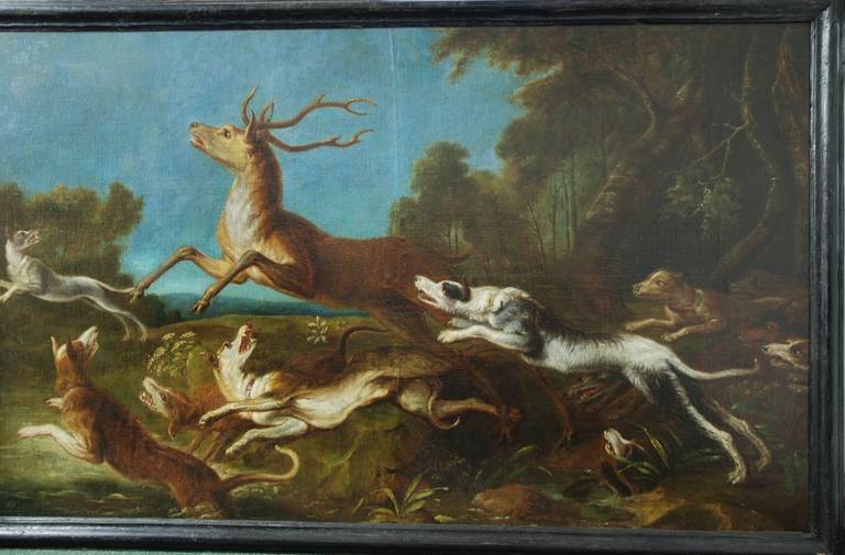 Belgian Large Pair of 'Stag Hunt' Oil Paintings